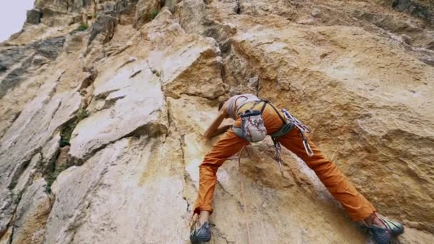 Weitwinkeluntersicht junge, fitte Frau klettert auf Sportroute im Freien — Stockvideo