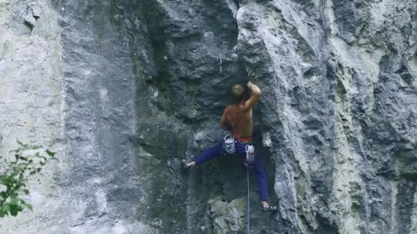 Back view strong muscular man rock climber climbing on sport route outdoors on a vertical cliff — Stock Video