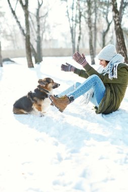 Güneşli bir günde, karlı kış parkında, yün şapkalı ve uzun sıcak eşarplı genç bir kadın evcil hayvanıyla oynuyor.