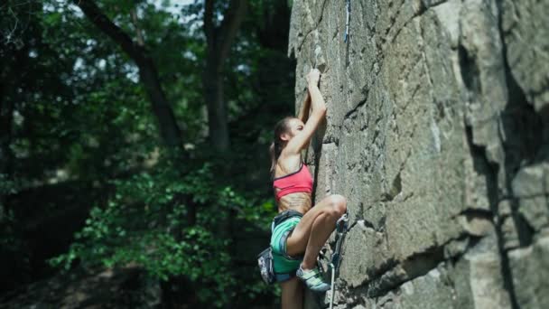 Młoda szczupła muskularna kobieta alpinistka wspinaczka na trudnej trasie sportowej, dosięgając i chwytając uchwyty i próbując zamocować linę do Quickdraw — Wideo stockowe