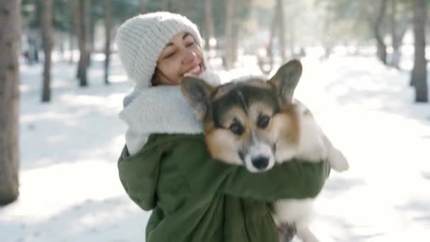 Yünlü şapkalı mutlu bir kadın ve uzun, sıcak bir eşarp tutan, dondurucu güneşli bir günde karlı kış parkında evcil hayvanını utandıran. Birlikte mutlu zamanlar, tatlı köpek Welsh Corgi Pembroke, kış tatilleri — Stok video