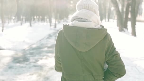 Cámara lenta vista trasera de la mujer en ropa de invierno caliente caminando en el parque nevado de la ciudad de invierno en el día soleado congelado . — Vídeo de stock