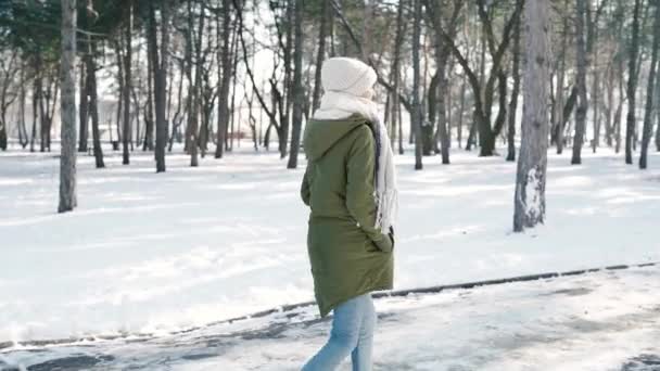 Pomalý film portrét krásné šťastný smajlík mladá žena v teplém zimním oblečení chůzi ve zasněžené zimní park v zamrzlé slunečný den. — Stock video