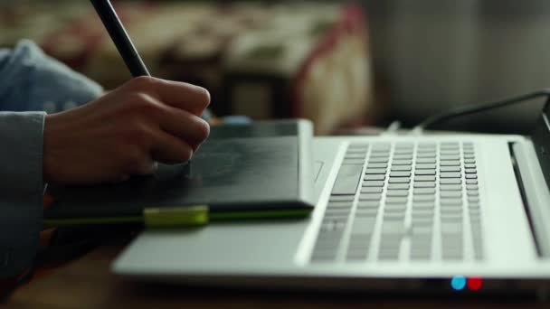 Closeup vrouwen handen met pen tablet en laptop. vrouw freelancer retoucher werken thuis — Stockvideo