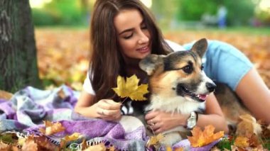 Gülümseyen mutlu kadın parkta Galli Corgi Pembroke ile oynuyor. Genç bayan hayvan sahibi. Sonbaharda parkta büyük bir hayvan. Turuncu yeşillikte..