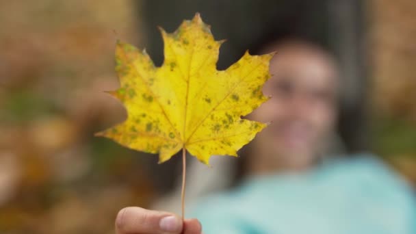 Hermosa joven sonriente mujer alegre jugando con la hoja naranja brillante en el parque de otoño.. — Vídeos de Stock