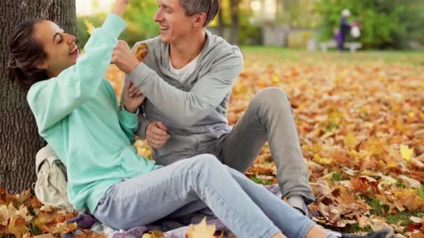 Young Lovely Couple In Autumn Park Outdoors — Stock Video