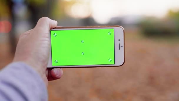 Pov, mannelijke hand holding smartphone met blanco groen scherm chromakey — Stockvideo