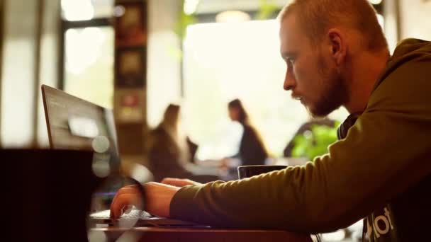 Férfi szabadúszó ül kávézóban dolgozó laptop — Stock videók