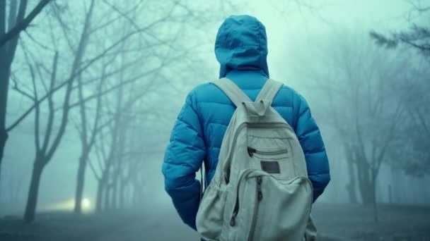 Rear view of young sporty woman in blue down jacket with hood and small city backpack — Stock Video