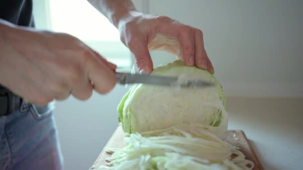 Hombre cortando col con un cuchillo Cleaver para una ensalada vegetariana — Vídeos de Stock