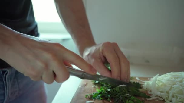 Hombre Cortar hierbas verdes frescas para una ensalada vegetariana — Vídeos de Stock