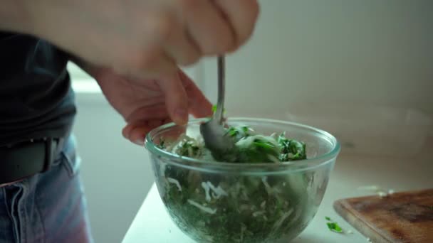 Man mengen groenten in een schaal, salade koken. — Stockvideo