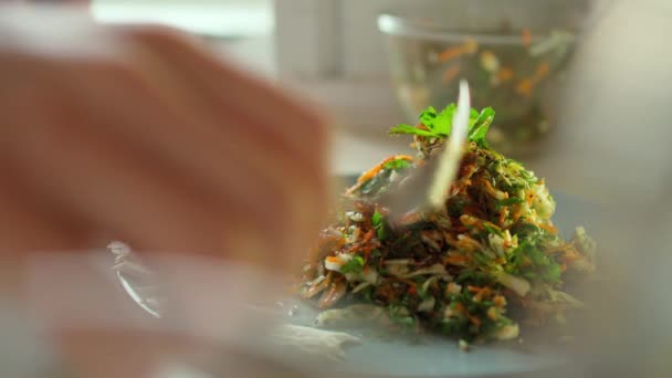 Nahaufnahme Mann Hand mit Gabel schmeckenden veganen Salat aus Kohl geschnitten — Stockvideo