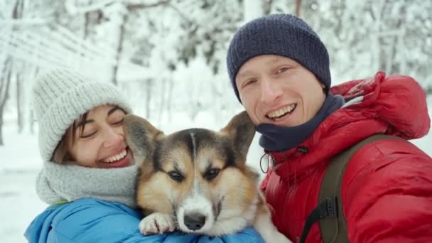 在寒冷的冬日，一对笑容满面的年轻夫妇和威尔士科尔吉犬在雪地的冬日公园里私奔. — 图库视频影像