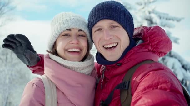 晴れた冬の日に雪の冬の公園を歩く幸せな笑顔の若いカップルのクローズアップ肖像画。男と女は抱き合って笑ってる. — ストック動画