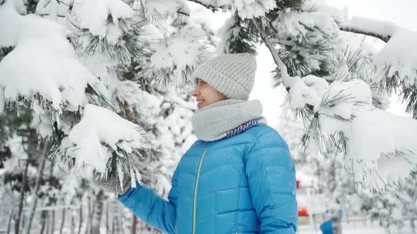 Schattige glimlachende jonge vrouw in warme wollen kap en lange sjaal schudt een besneeuwde tak in besneeuwde winter park op frozzy dag. — Stockvideo