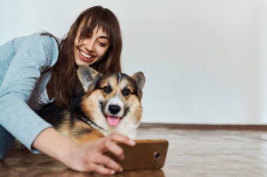 Neşeli, gülümseyen genç bir kadın tatlı Galli Corgi köpek yavrusuna sarılıyor ve akıllı telefon kamerasında evcil hayvanıyla selfie çekiyor. Evde kalmak, köpekle arkadaşlık etmek, fotoğraf çekmek..