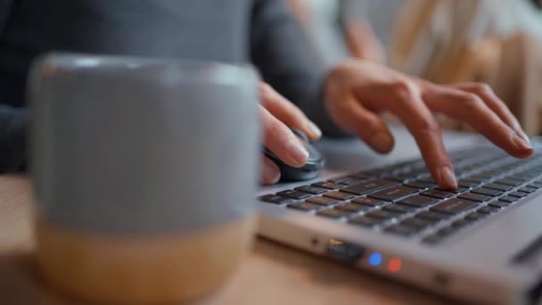 Detail van de vrouw die werkt op laptop met koffiemok — Stockvideo