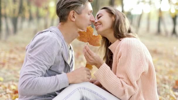 Young Lovely Couple In Autumn Park Outdoors — Stock Video