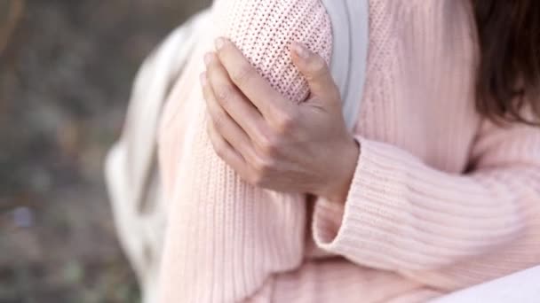 Primer plano de niña bonita en suéter de punto rosa con una pequeña mochila sentada en la manta en el bosque de autamn y sonriendo. — Vídeos de Stock