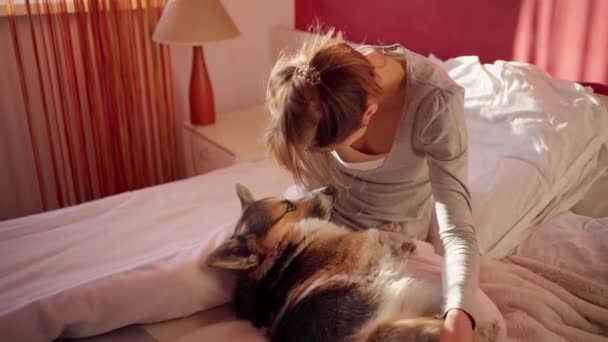 Sevecen genç bir kadın yatakta sevimli bir köpeğe sarılıp okşar. — Stok video