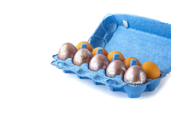 Tendencia Color Caja Con Multicolor Brillo Huevos Pascua Aislados Concepto — Foto de Stock