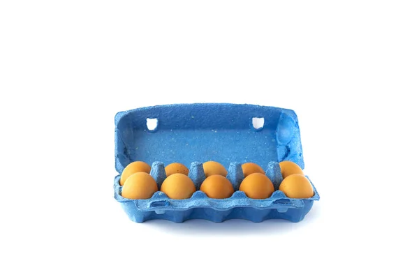 Huevos Frescos Pollo Granja Una Clásica Caja Azul Sobre Fondo — Foto de Stock