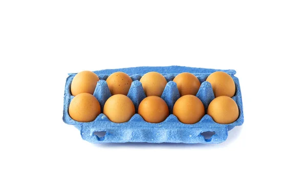 Huevos Frescos Pollo Granja Una Clásica Caja Azul Sobre Fondo — Foto de Stock