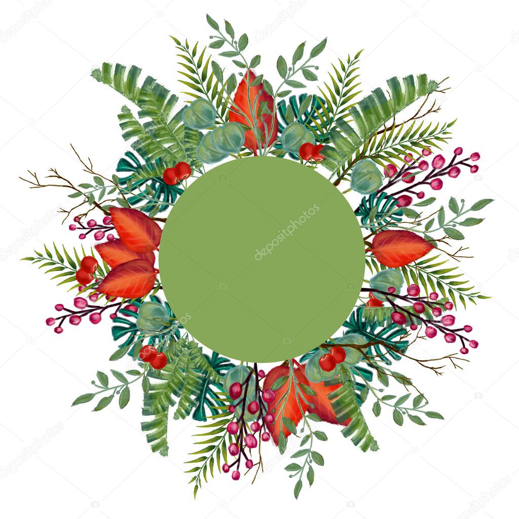 Concept of ornament of leaves and fruits. Illustration of invitations and advertising posters