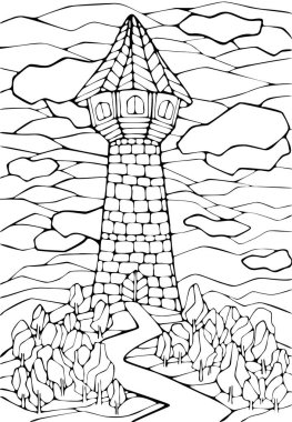 Tepedeki kulede ağaçlardan yapılmış bahçeler ve gökyüzünde bulutlu bir yol var. Boyama kitabı sayfaları için el çizimi illüstrasyonu.