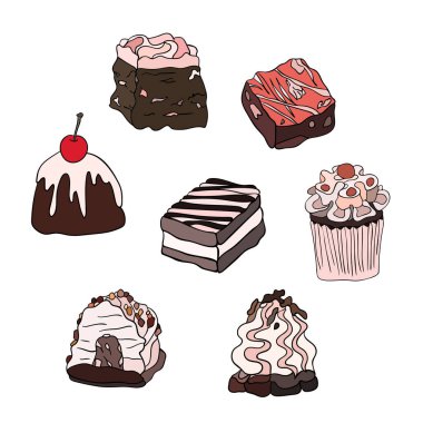 Beyaz arka planda renkli bir fırın. Kusursuz leziz bir desen. Kirazlı kek, çörek, kruvasan, kremalı pasta..