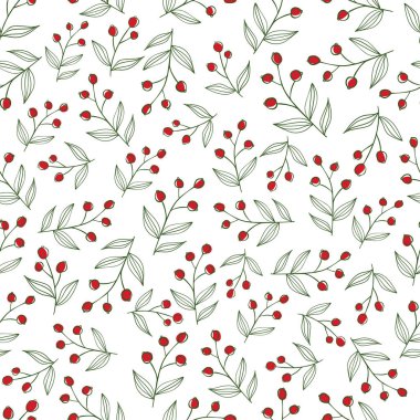 Kırmızı böğürtlenli dekoratif yapraklar. Kusursuz çiçek mevsimi deseni.