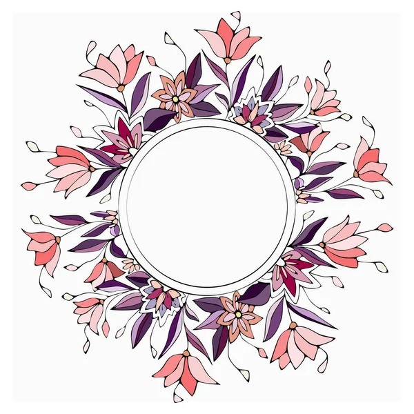 Linha Desenho Coroa Floral Flores Decorativas Brilhantes Folhas Fundo Isolado — Vetor de Stock