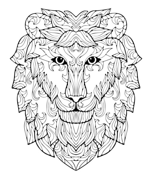 Hand drawing lion head with small decor. Suitable for coloring book pages for adults and children.