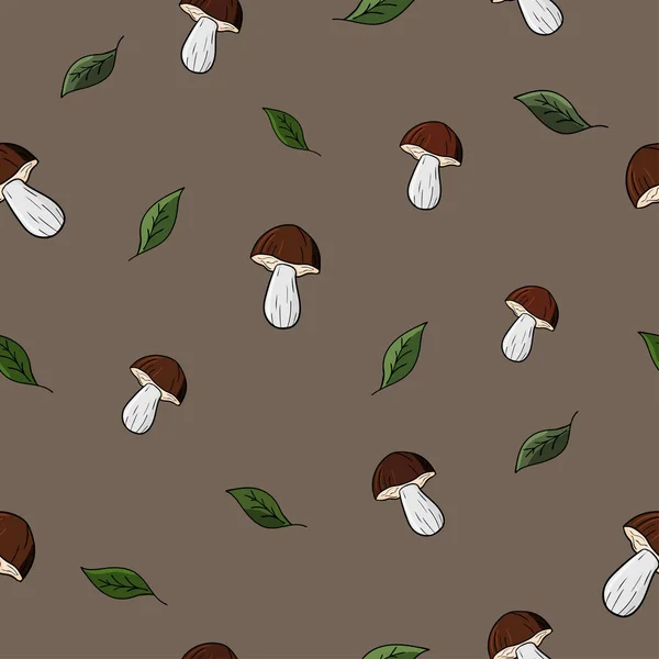 Autumn Seamless Pattern Mushrooms Leaves Light Brown Background — Stock Vector