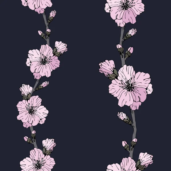 Fleurs Sakura Colorées Sur Les Branches Dessin Main Illustration Botanique — Image vectorielle
