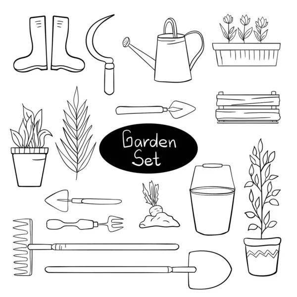 白色背景上的花园工具的无缝图案 盆栽花 橡胶靴 胡萝卜芽 修剪器 — 图库矢量图片