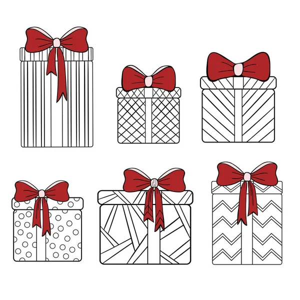 Conjunto Regalos Navidad Año Nuevo Con Arcos Color Rojo Brillante — Vector de stock