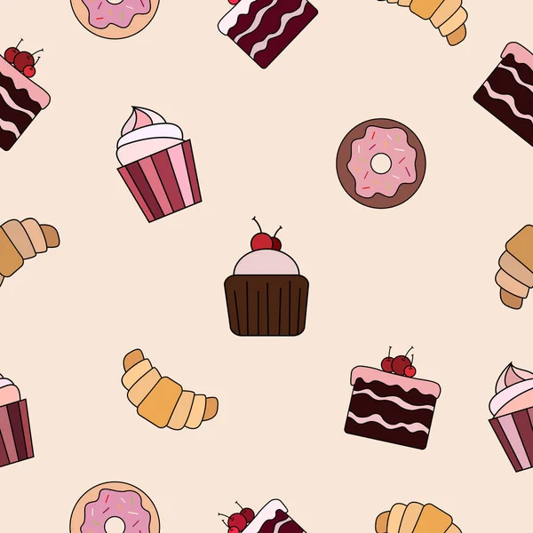 Modèle Boulangerie Savoureux Lumineux Donuts Glaçage Muffin Cerise Croissant Cupcake — Image vectorielle