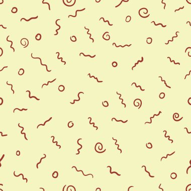 Basit, soyut, dikişsiz desen. Açık sarı zemin üzerinde daireler, spiraller ve dalgalar