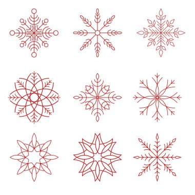 Beyaz zemin üzerinde bir dizi geometrik kar taneleri. Ayrı simgeler