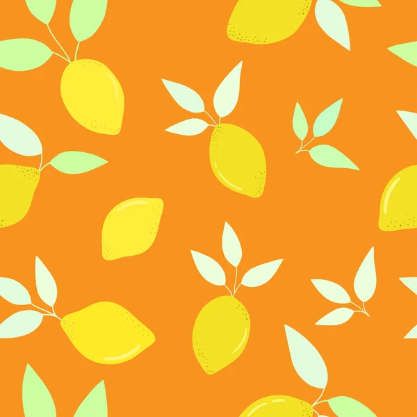 Limón Brillante Con Hojas Sobre Fondo Naranja Ilustración Vectorial Patrón — Vector de stock
