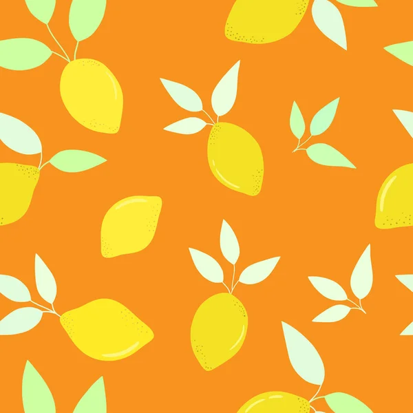 Turuncu arka planda yaprakları olan parlak bir limon, vektör çizimi. Kusursuz, taze yaz düzeni.