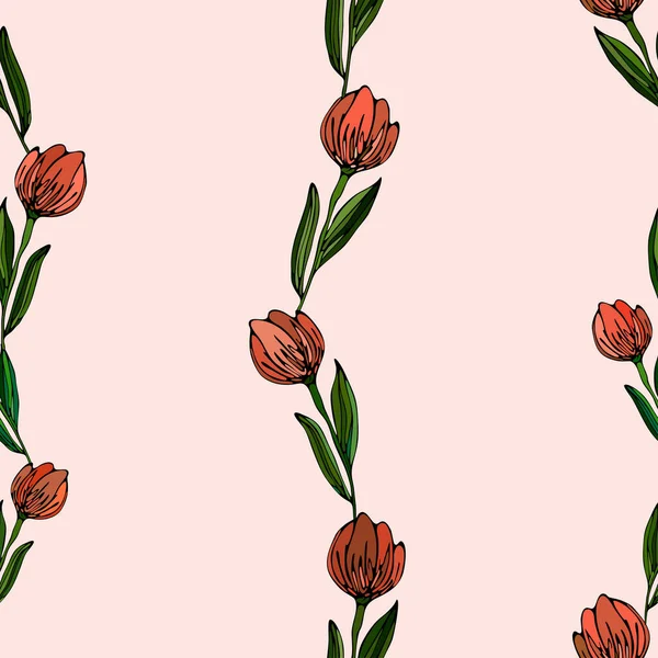 Tavaszi Vörös Tulipán Levelekkel Rózsaszín Háttérrel Zökkenőmentes Rugós Minta Vektor — Stock Vector