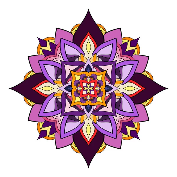 Beyaz yalıtılmış arka planda dekoratif çiçek unsurları olan renkli mandala. Pembe, sarı, turuncu, mor, kırmızı dekorlar.