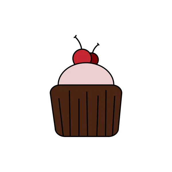 Leckerer Cartoon Muffin Mit Roter Kirsche Auf Weißem Hintergrund Bäckerei — Stockvektor