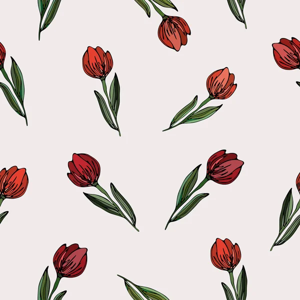 Tavaszi Vörös Tulipán Világos Hátterű Levelekkel Zökkenőmentes Virágszezon Minta Vektor — Stock Vector