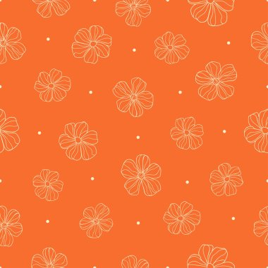 Açık renkli, parlak turuncu arka planda noktalı çiçekler çizilmiş. Kusursuz yaz çiçekleri deseni.