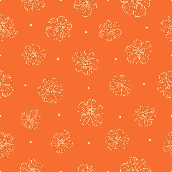 Helle Handgezeichnete Blüten Mit Punkten Auf Leuchtend Orangefarbenem Hintergrund Nahtloses — Stockvektor